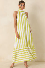 Make Your Move Chartreuse Green & White Stripe Halter Maxi Dress