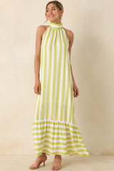 Make Your Move Chartreuse Green & White Stripe Halter Maxi Dress
