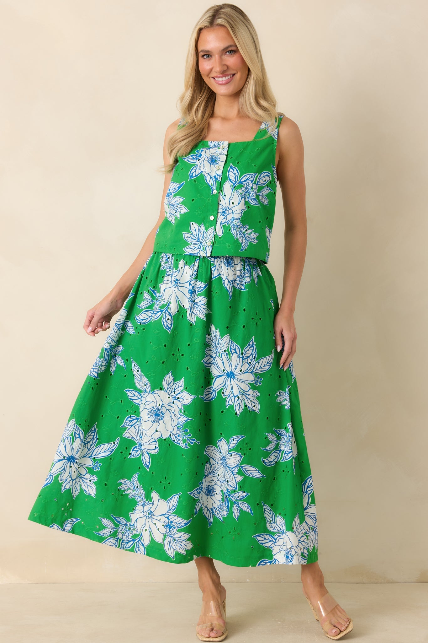 Just One of Those Days Green & White Floral Cotton Maxi Skirt