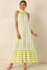 Make Your Move Chartreuse Green & White Stripe Halter Maxi Dress