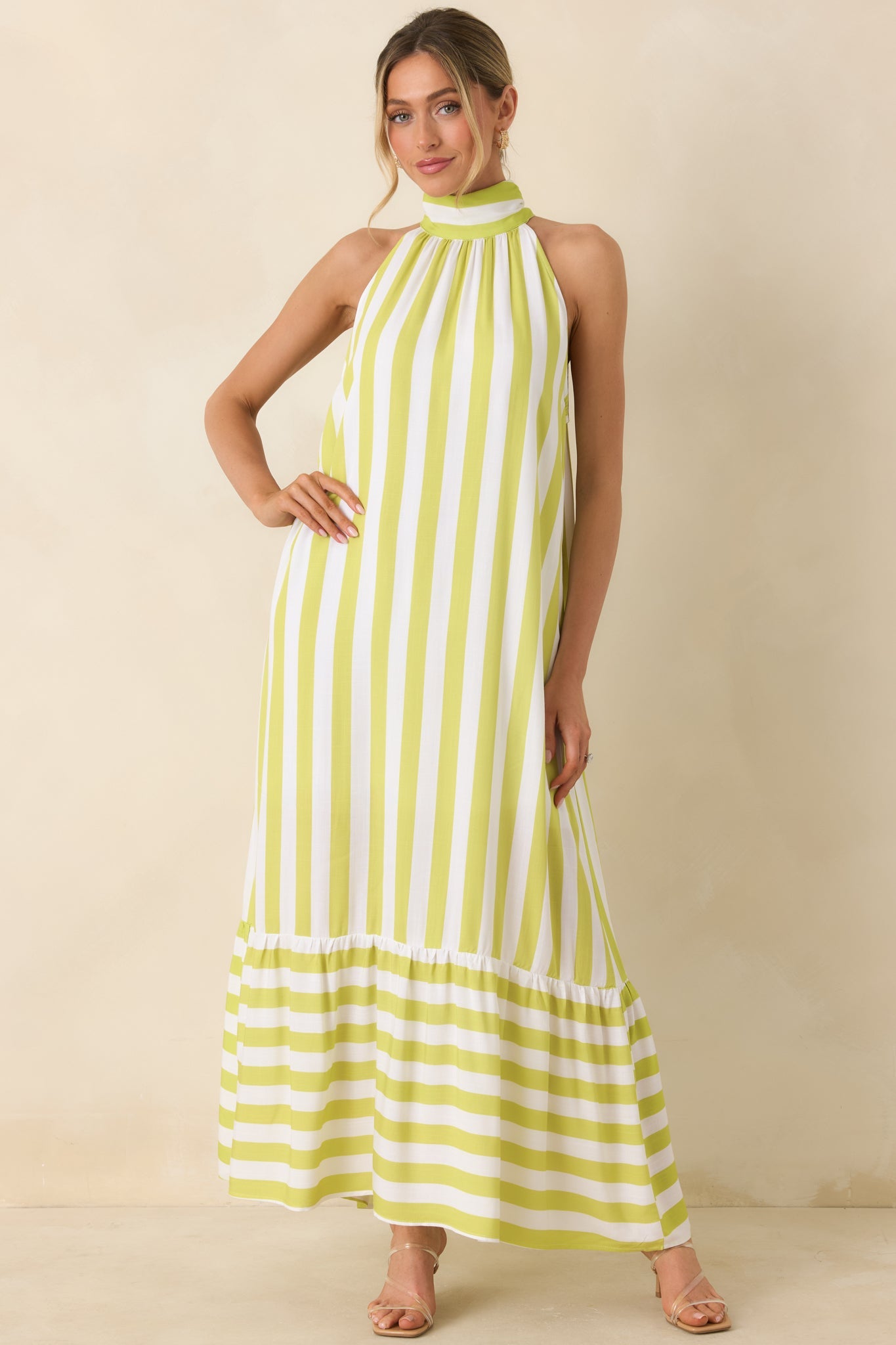 Make Your Move Chartreuse Green & White Stripe Halter Maxi Dress