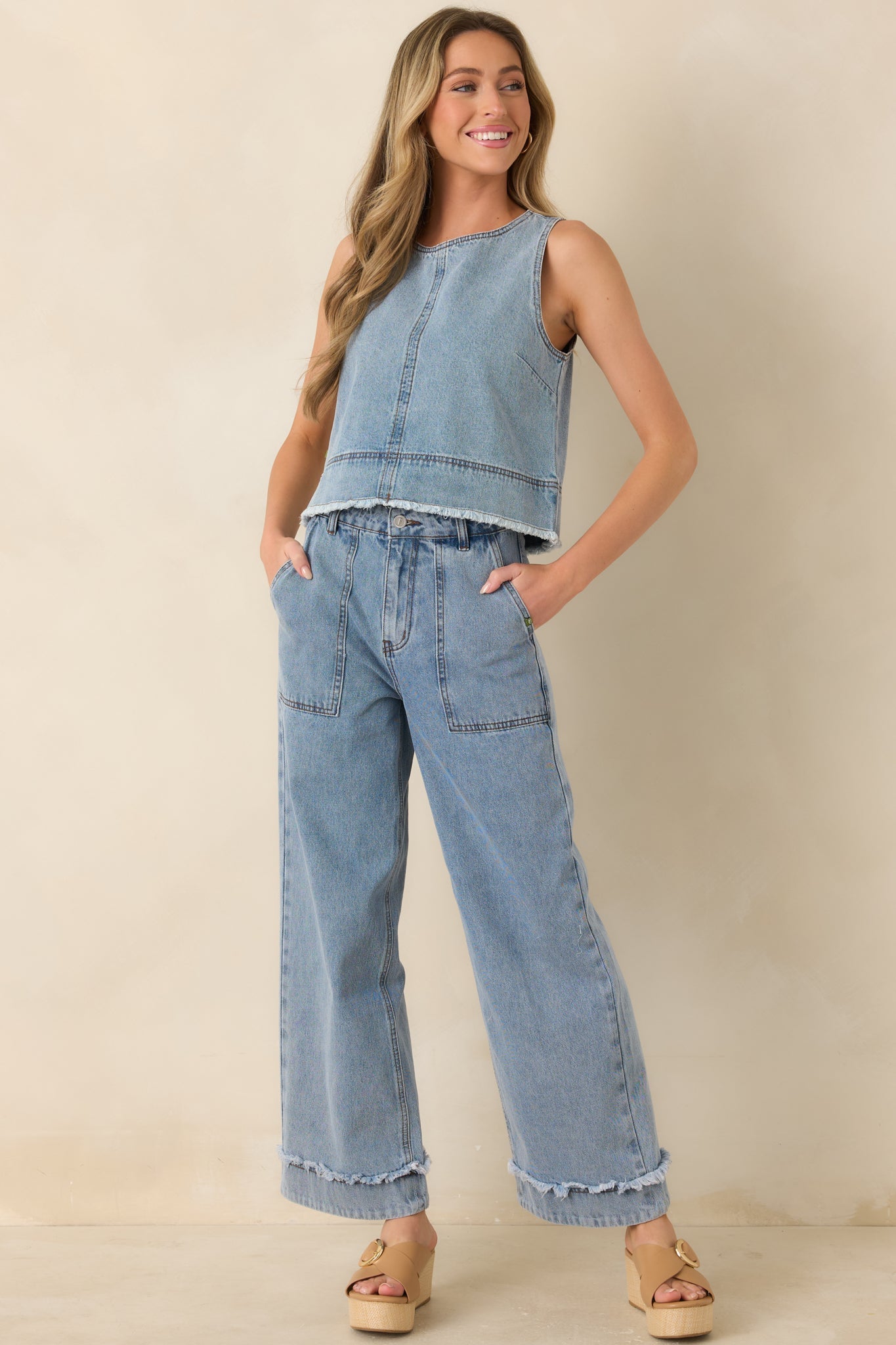FRNCH Saphira Light Wash Cotton Denim Wide Leg Jeans