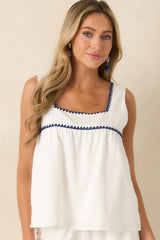 Picnic Table Stories Ivory & Navy Contrast Stitch Tank Top