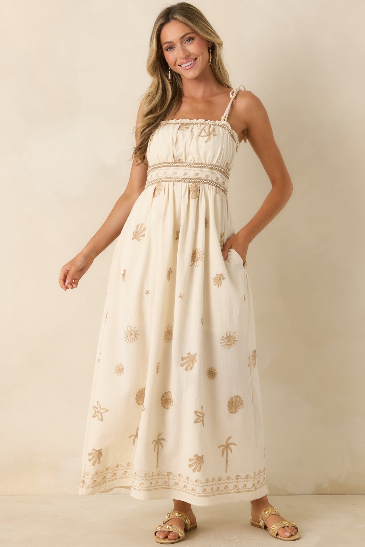 Toes In the Sand Ivory Embroidered Cotton Maxi Dress