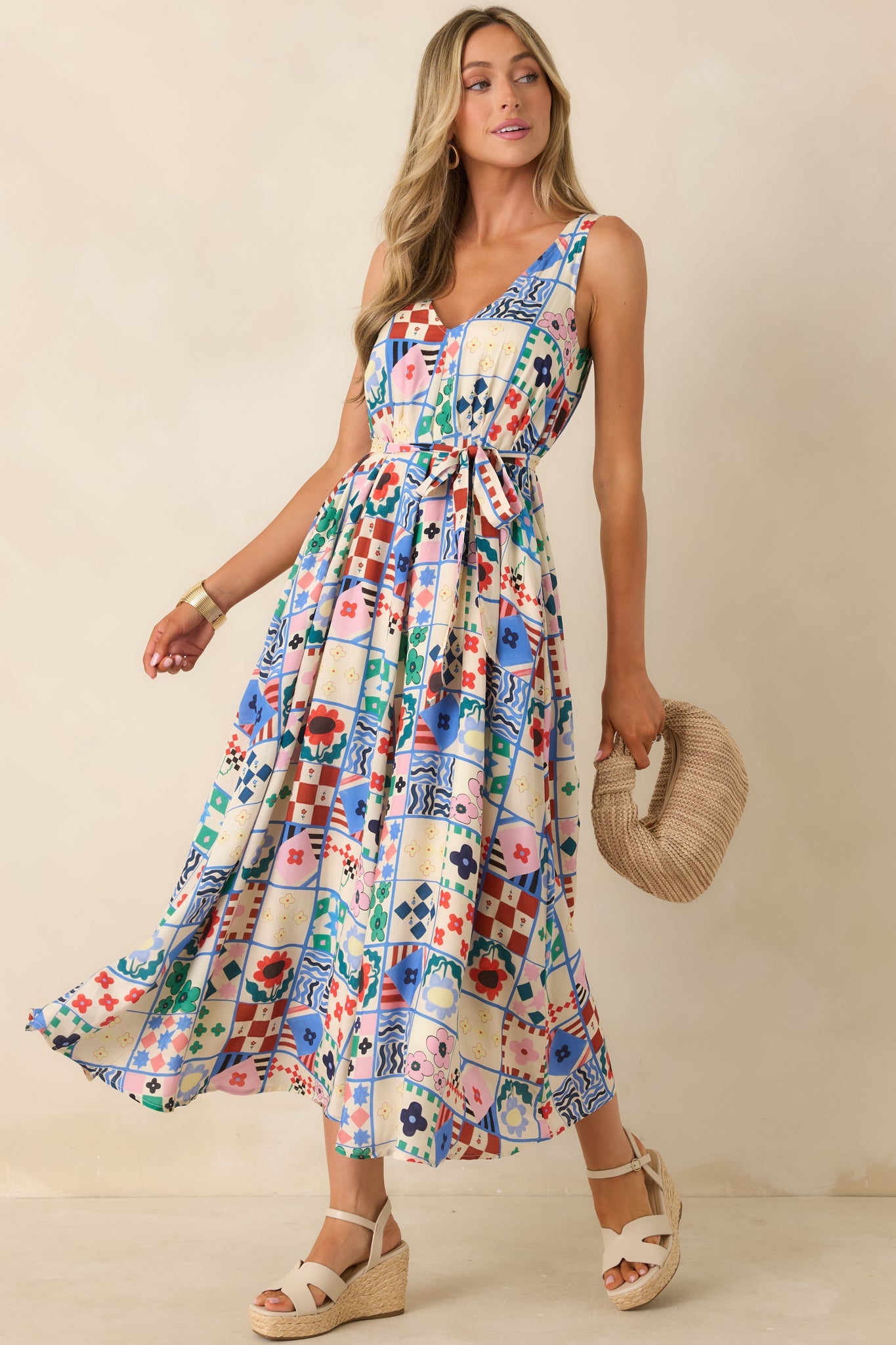 FRNCH Consordia Multi Patchwork Print Sleeveless Midi Dress