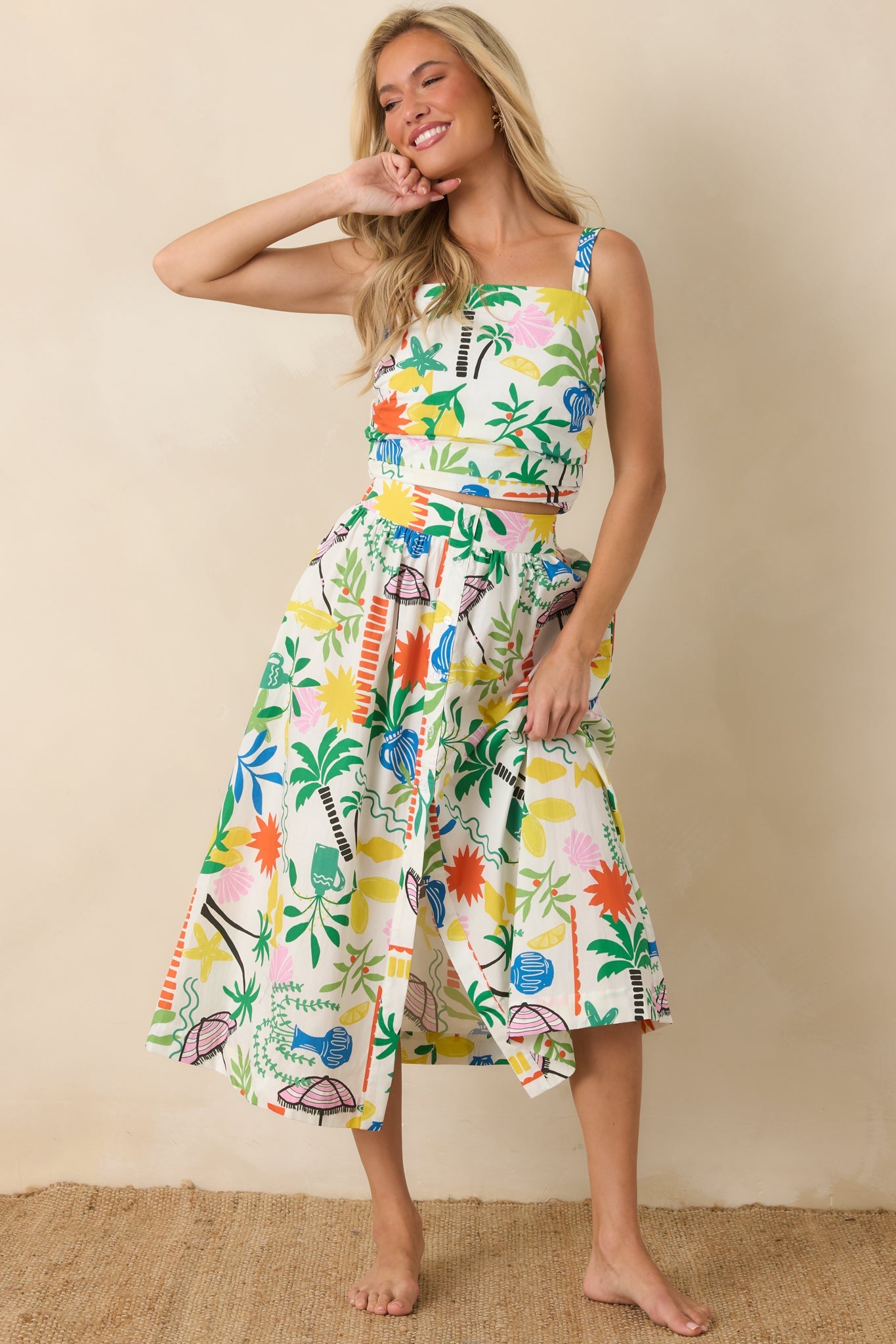 Paradisa Panama White Multi Cotton Coastal Resort Print Midi Skirt