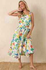 Paradisa Panama White Multi Cotton Coastal Resort Print Midi Skirt