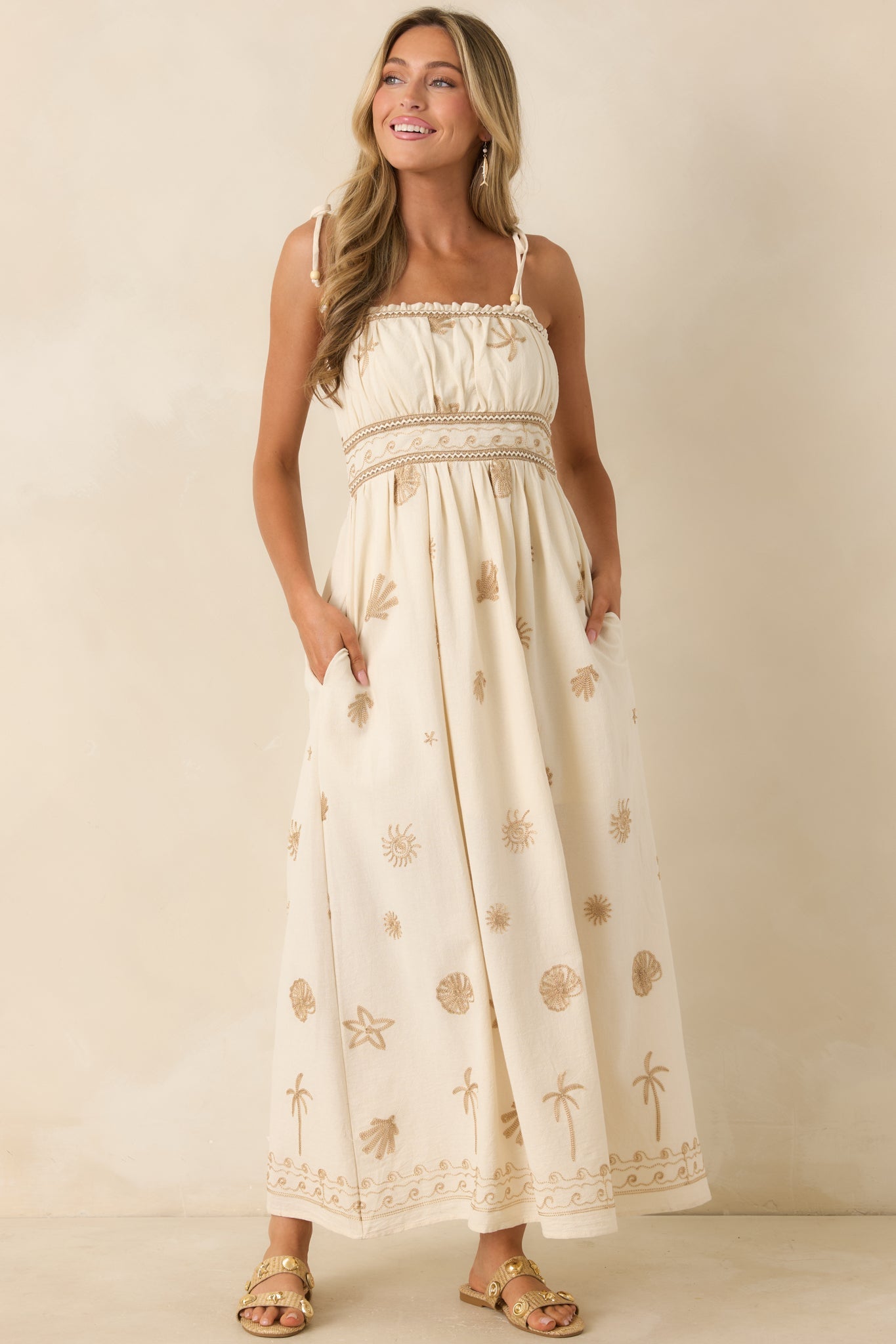 Toes In the Sand Ivory Embroidered Cotton Maxi Dress
