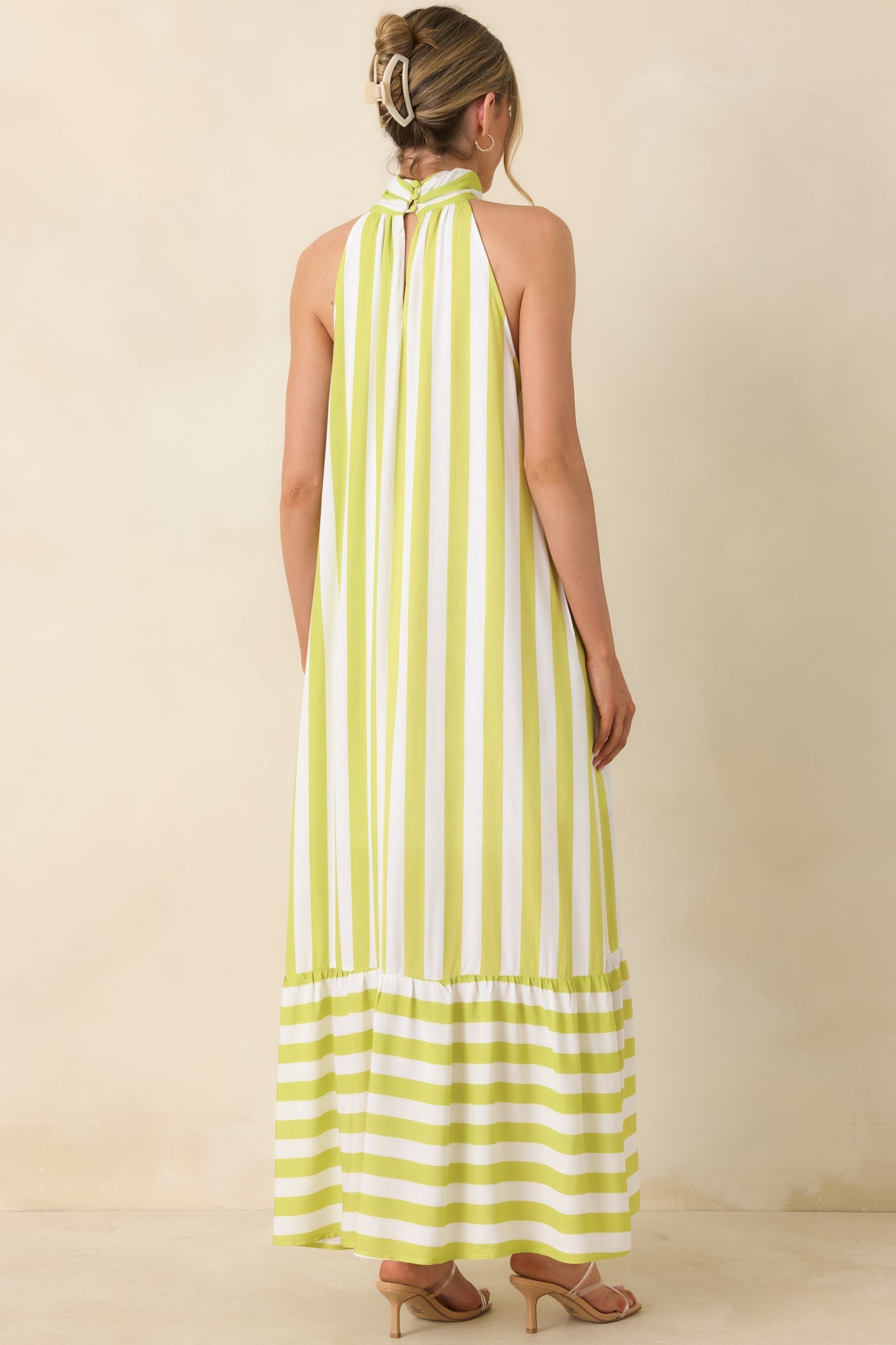 Make Your Move Chartreuse Green & White Stripe Halter Maxi Dress