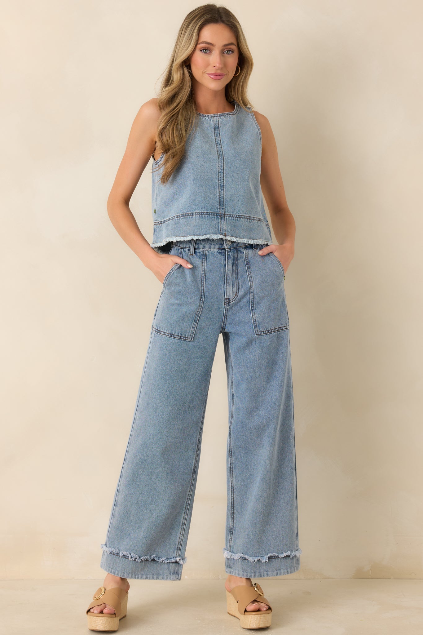 FRNCH Saphira Light Wash Cotton Denim Wide Leg Jeans