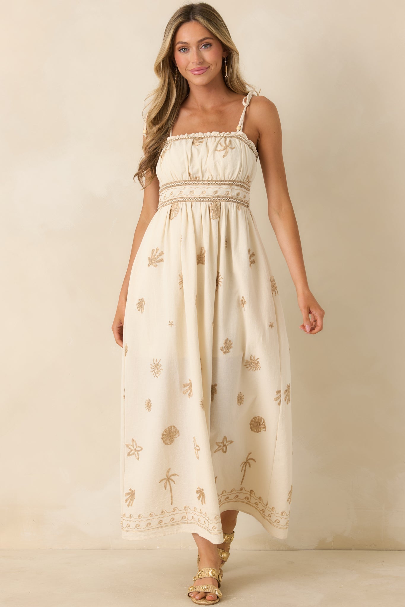 Toes In the Sand Ivory Embroidered Cotton Maxi Dress
