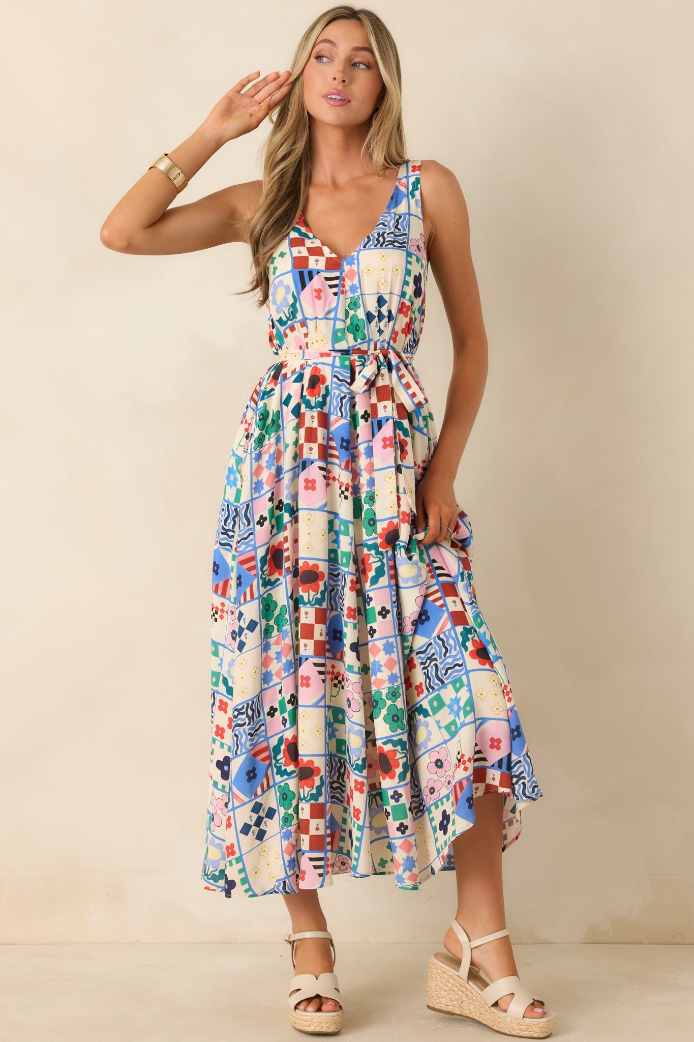 FRNCH Consordia Multi Patchwork Print Sleeveless Midi Dress