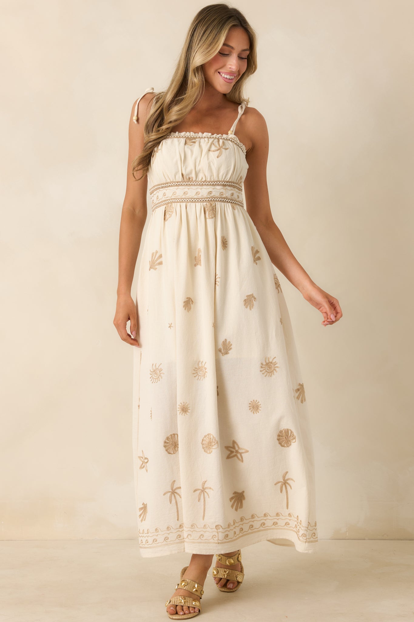 Toes In the Sand Ivory Embroidered Cotton Maxi Dress