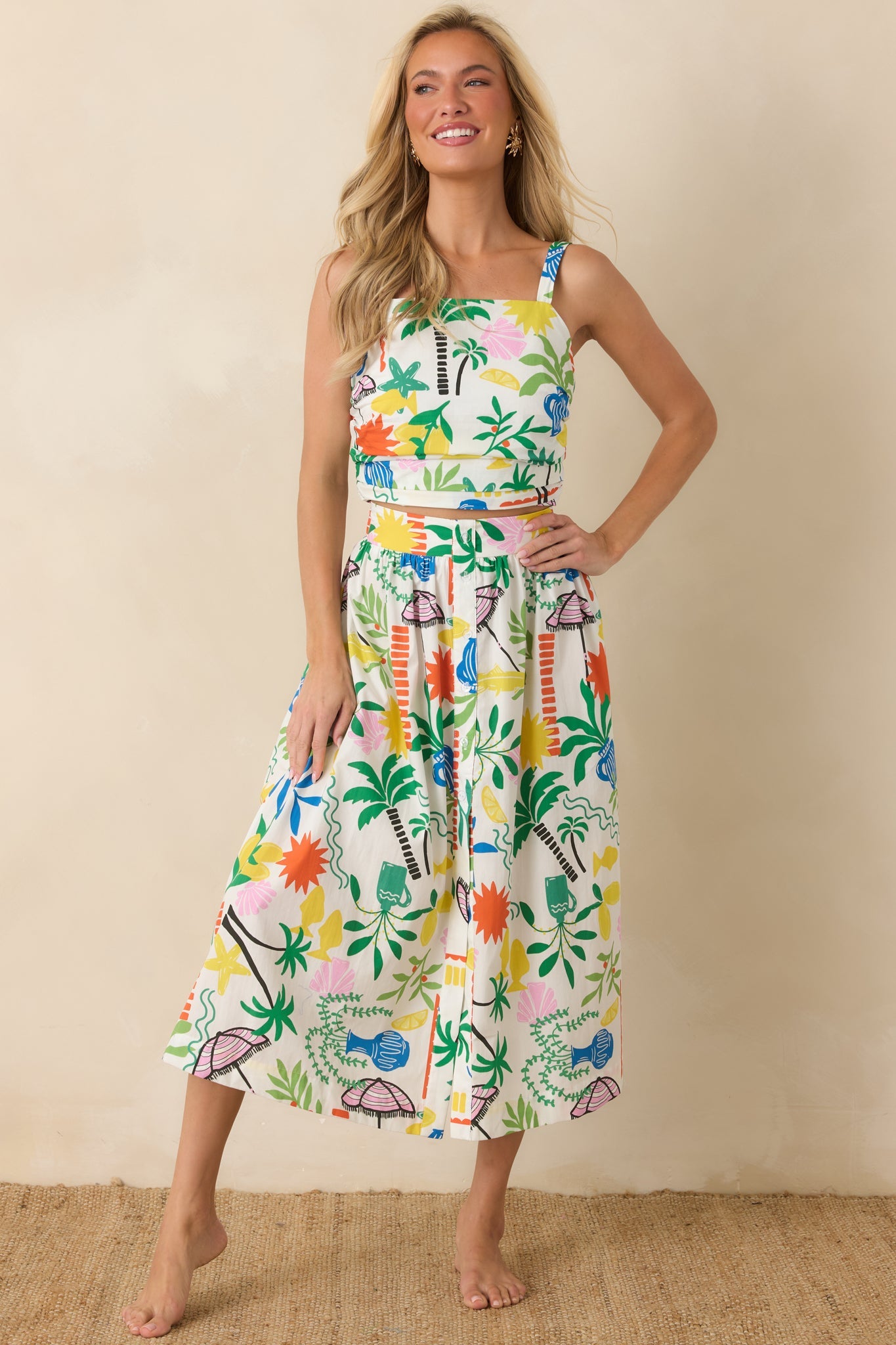 Paradisa Caicos White Multi Cotton Coastal Resort Print Crop Top