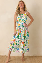 Paradisa Caicos White Multi Cotton Coastal Resort Print Crop Top