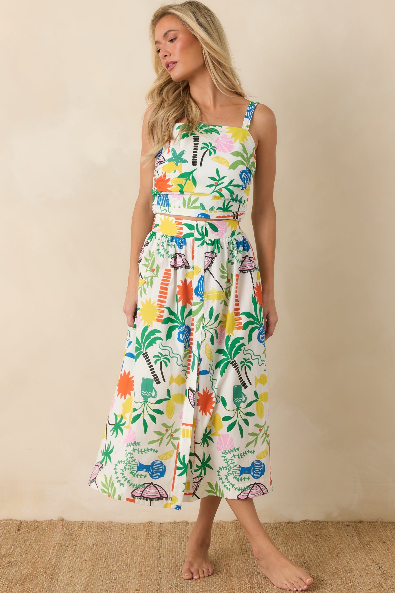 Paradisa Panama White Multi Cotton Coastal Resort Print Midi Skirt