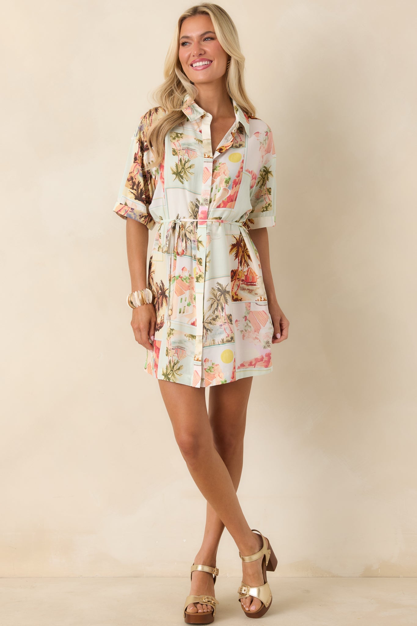 MINKPINK Dolce Multi Vintage Postcard Print Mini Shirtdress