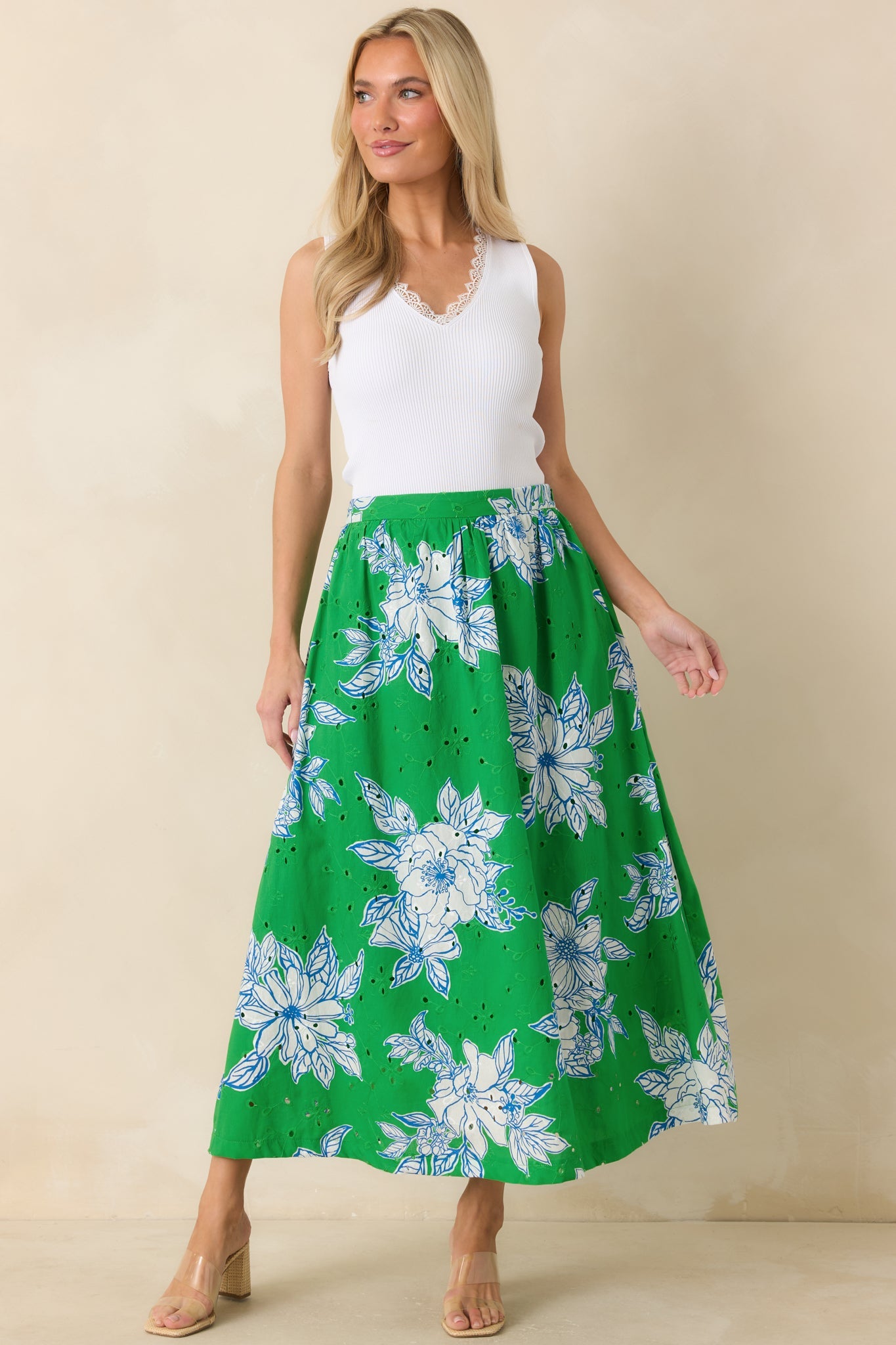 Just One of Those Days Green & White Floral Cotton Maxi Skirt