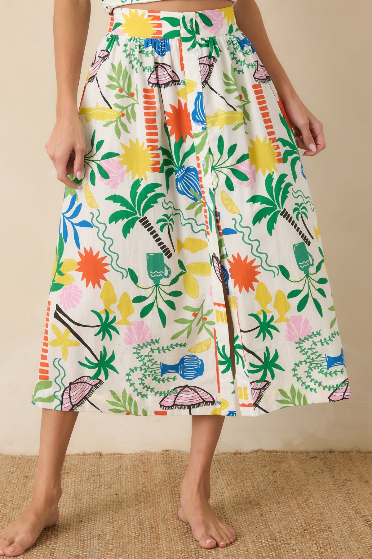 Paradisa Panama White Multi Cotton Coastal Resort Print Midi Skirt