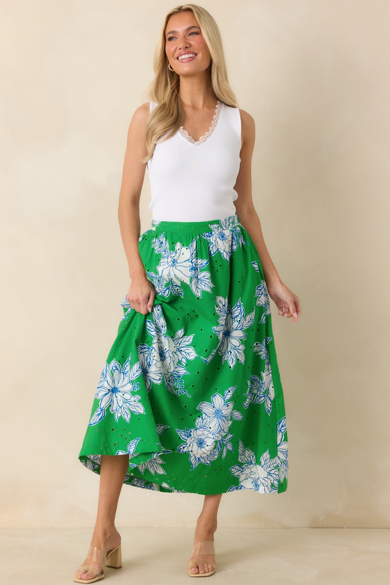 Just One of Those Days Green & White Floral Cotton Maxi Skirt