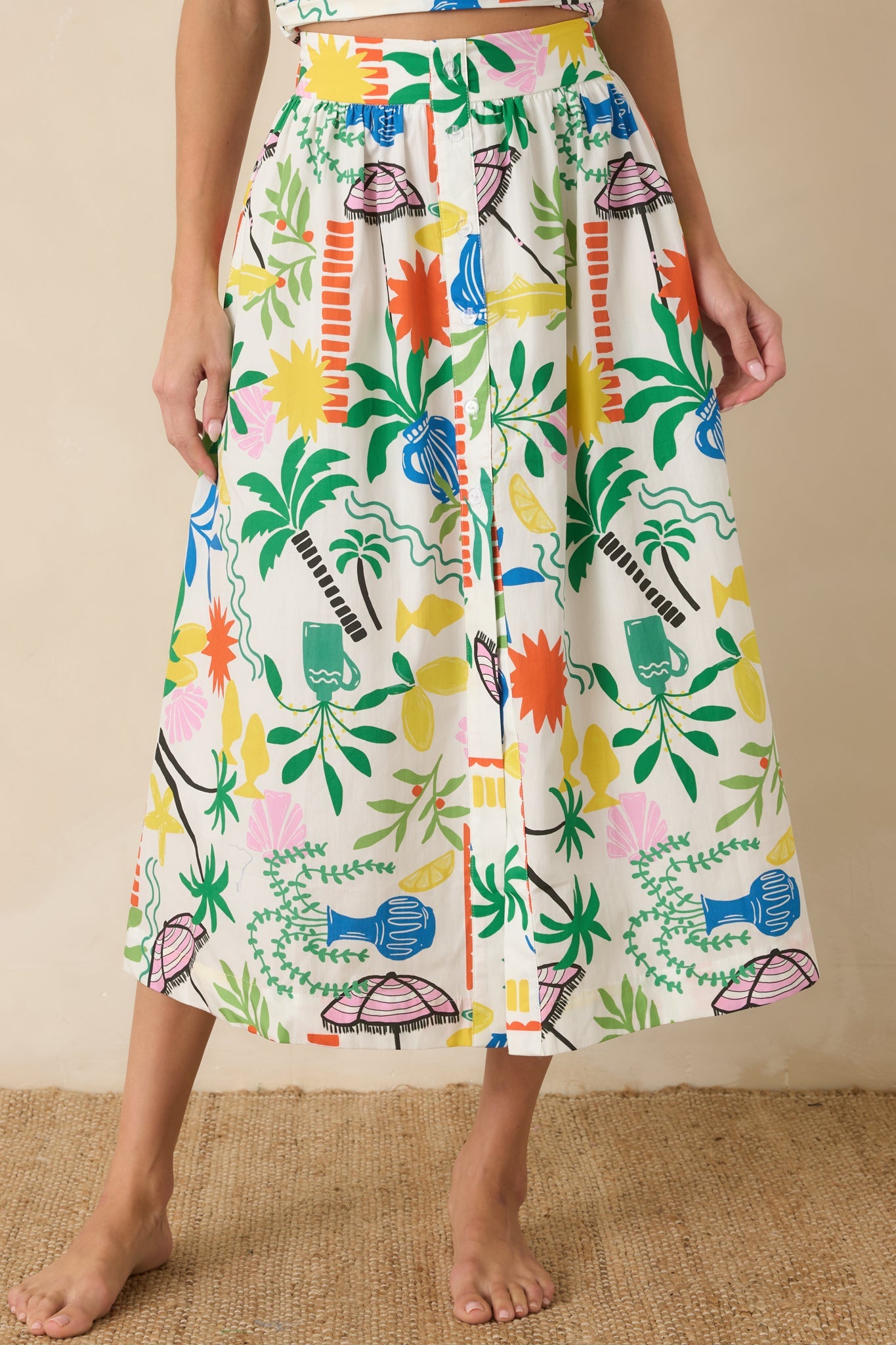 Paradisa Panama White Multi Cotton Coastal Resort Print Midi Skirt