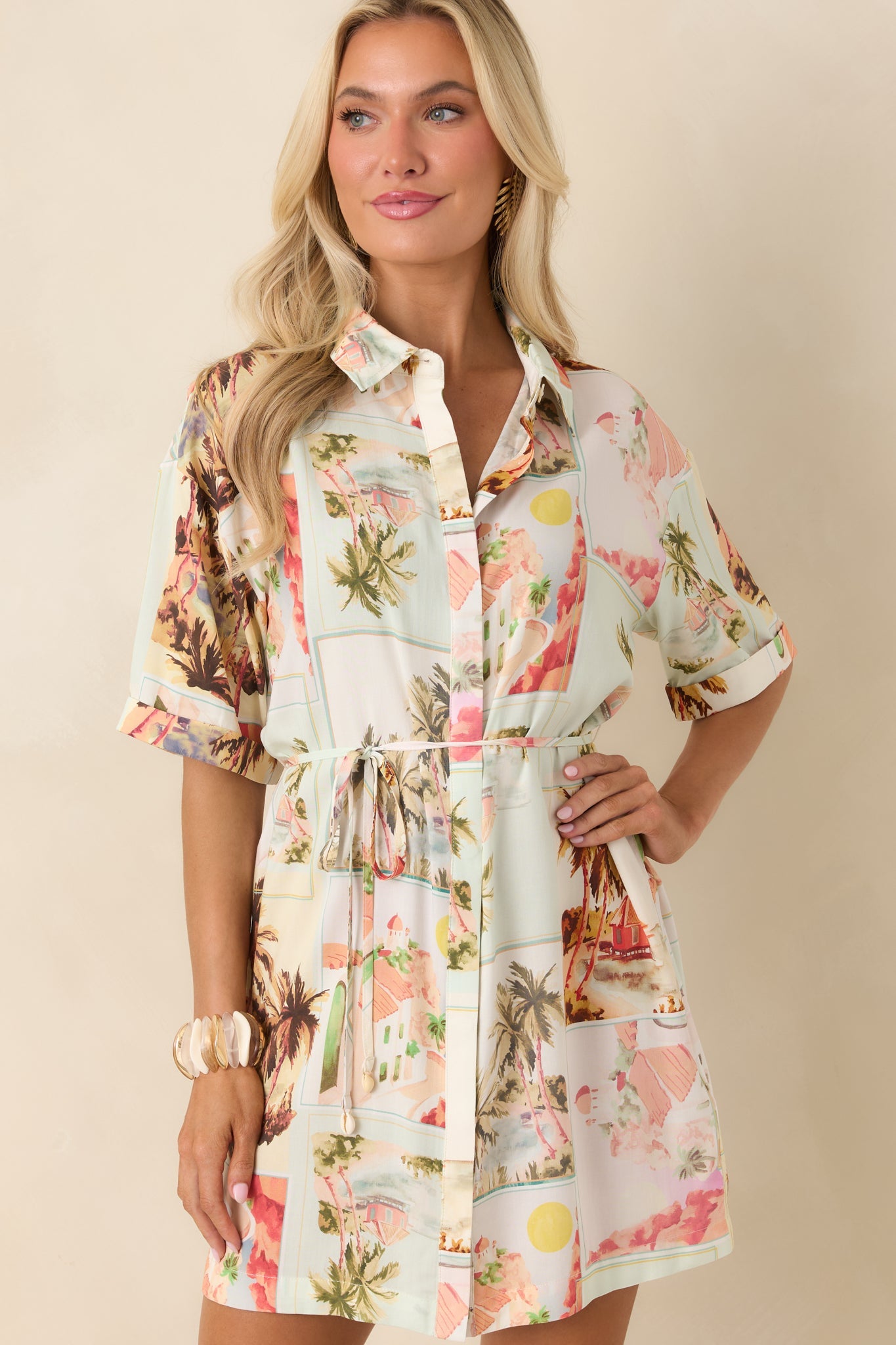 MINKPINK Dolce Multi Vintage Postcard Print Mini Shirtdress