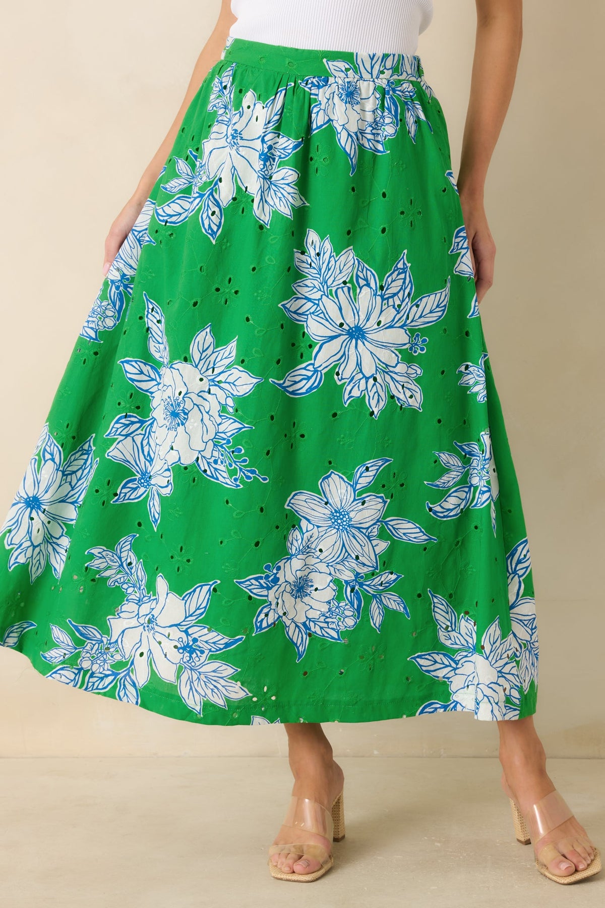 Just One of Those Days Green & White Floral Cotton Maxi Skirt