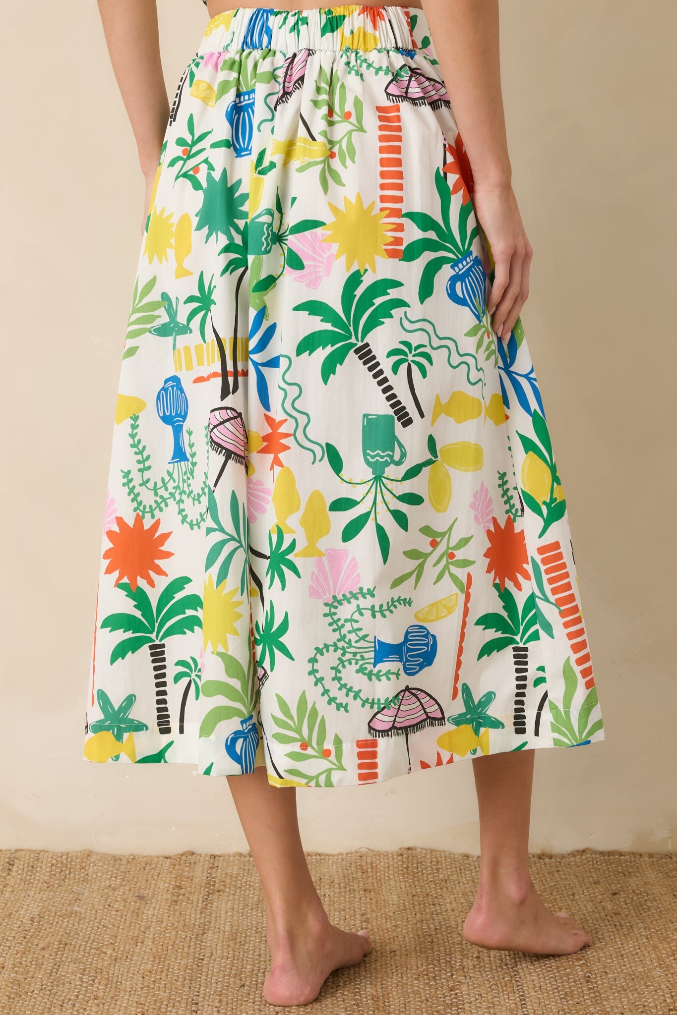 Paradisa Panama White Multi Cotton Coastal Resort Print Midi Skirt