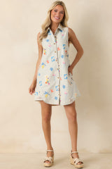 Field Notes Blue Multi Floral Stripe Cotton Mini Shirt Dress