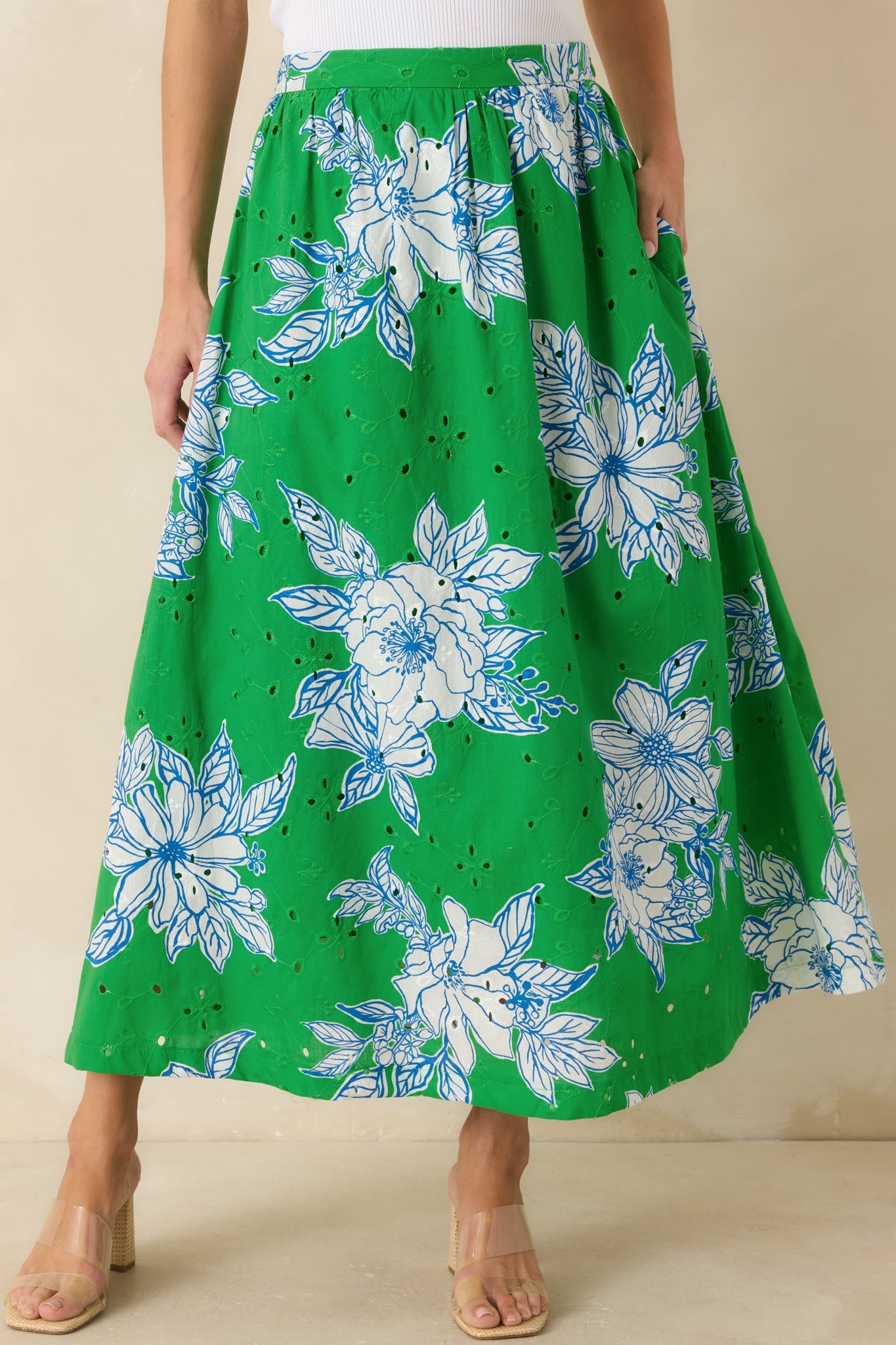 Just One of Those Days Green & White Floral Cotton Maxi Skirt