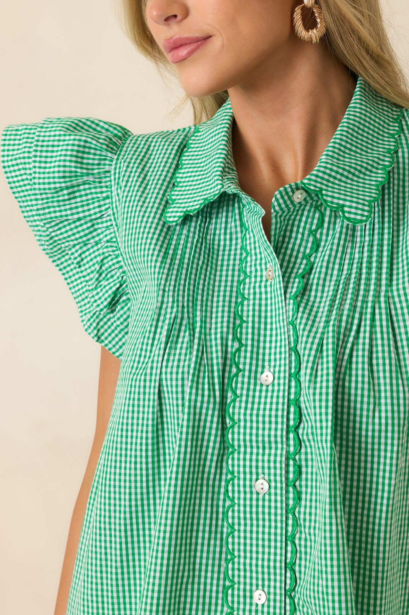 Stroll With My Sweetheart Green Gingham Cotton Flutter Sleeve Blouse