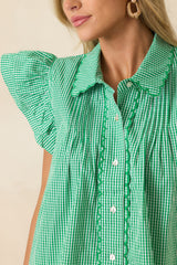 Stroll With My Sweetheart Green Gingham Cotton Flutter Sleeve Blouse