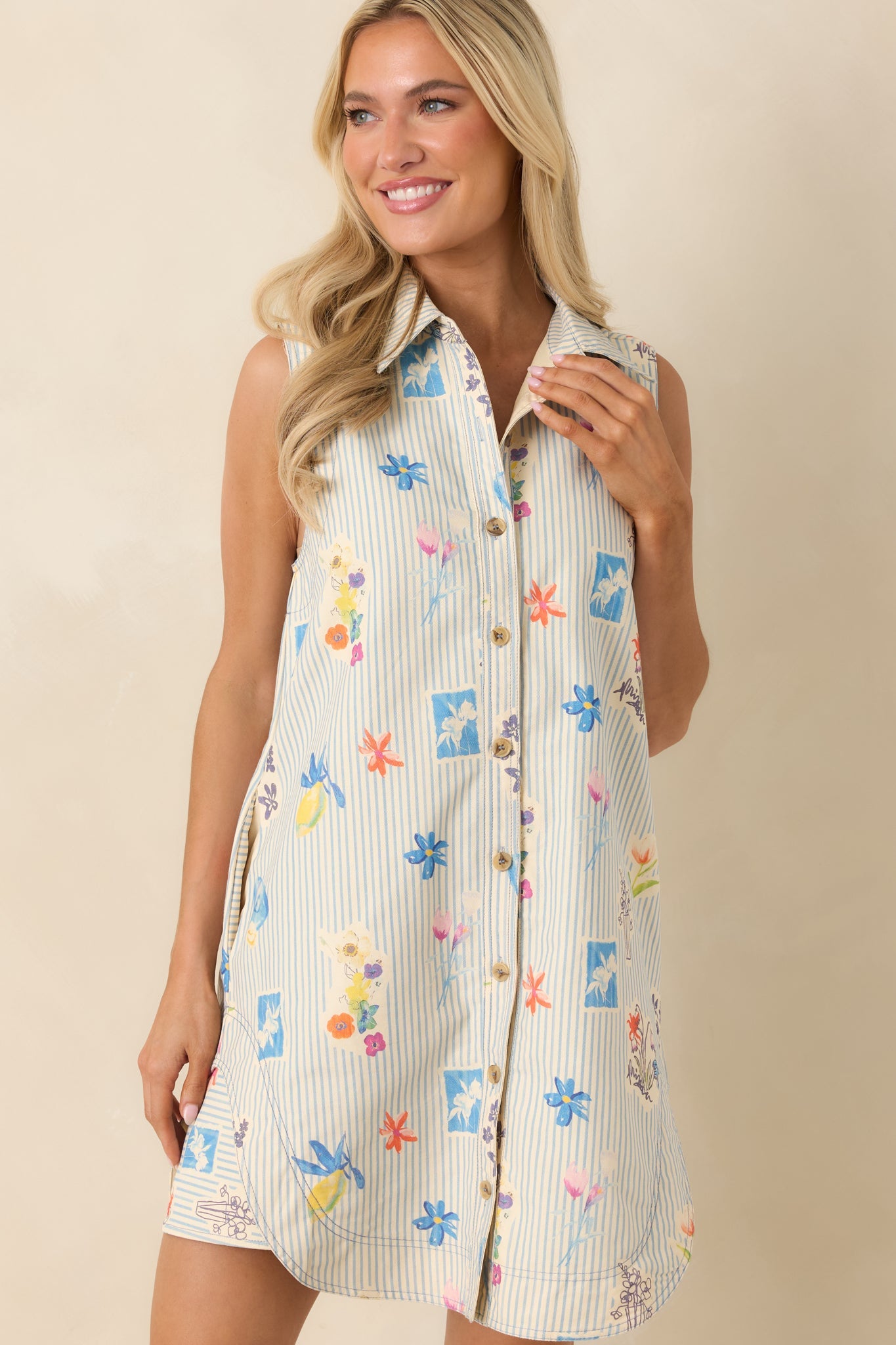 Field Notes Blue Multi Floral Stripe Cotton Mini Shirt Dress