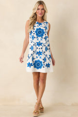 Coastal Mosaic Ivory & Blue Embroidered Mini Dress
