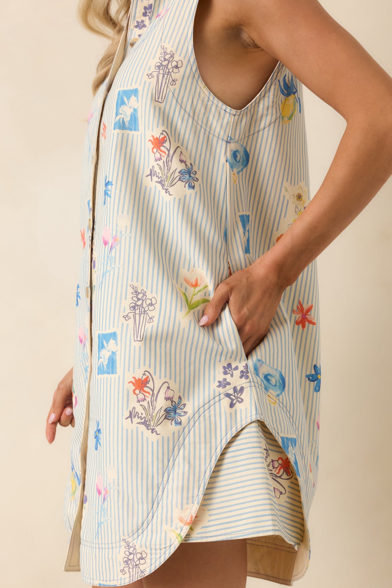 Field Notes Blue Multi Floral Stripe Cotton Mini Shirt Dress