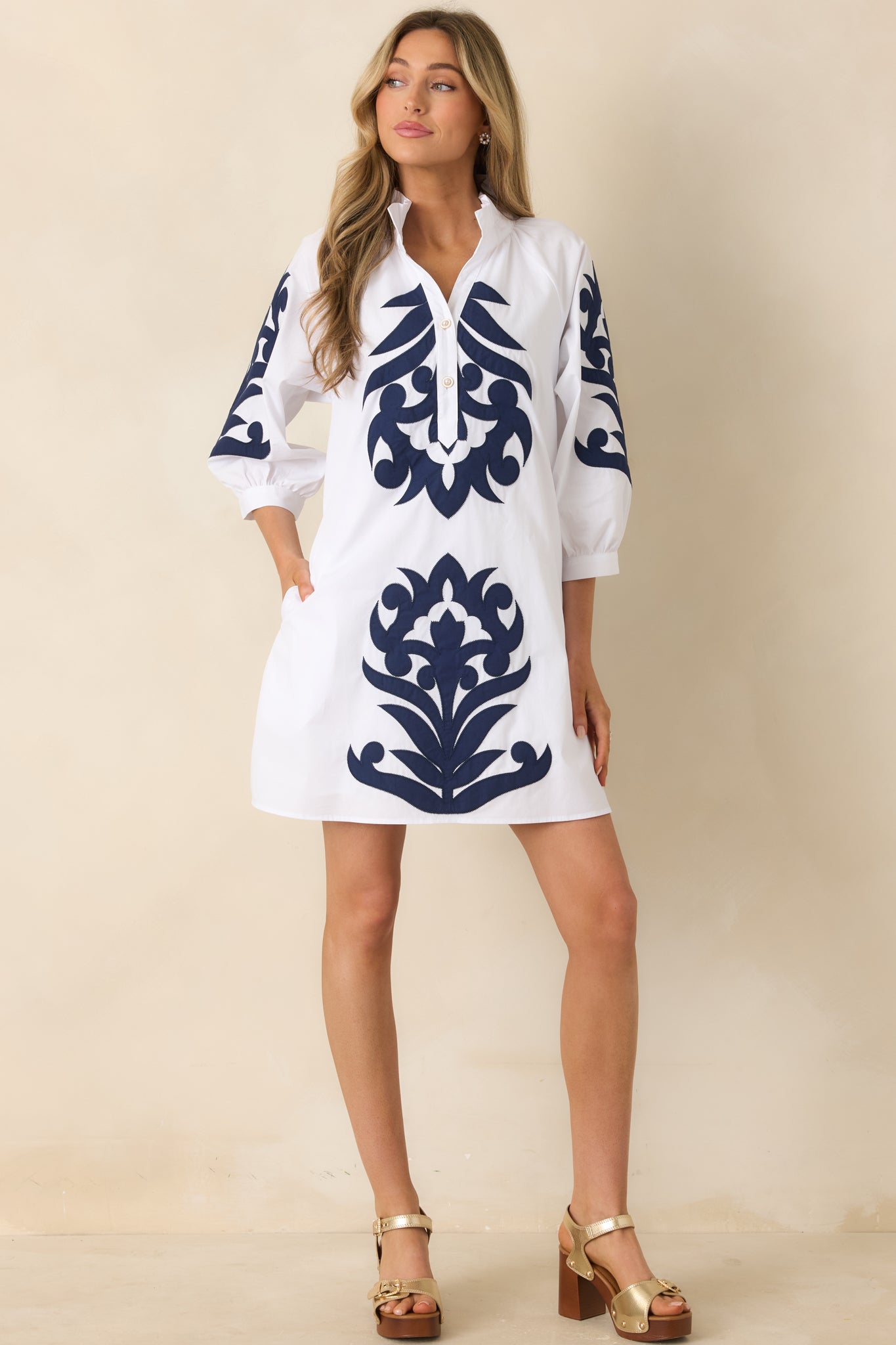 Bold Impressions White & Navy Contrast Detail Tunic Mini Dress