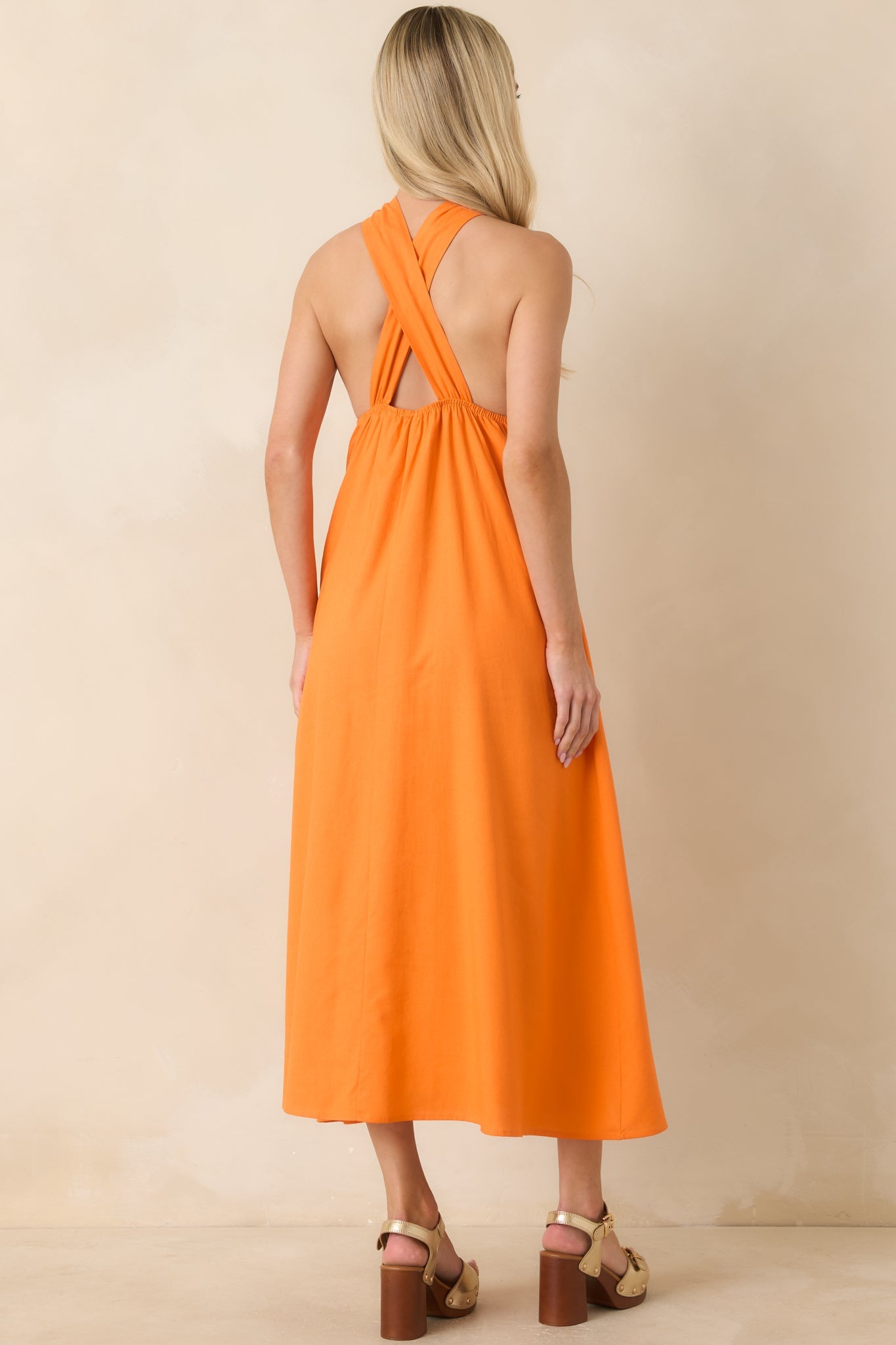 Citrus Kisses Orange Linen Blend Halter Midi Dress