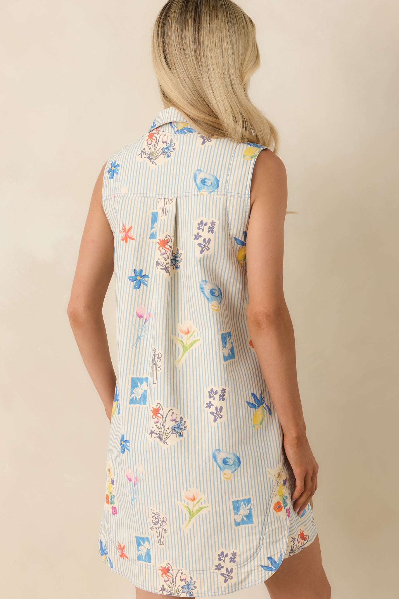 Field Notes Blue Multi Floral Stripe Cotton Mini Shirt Dress