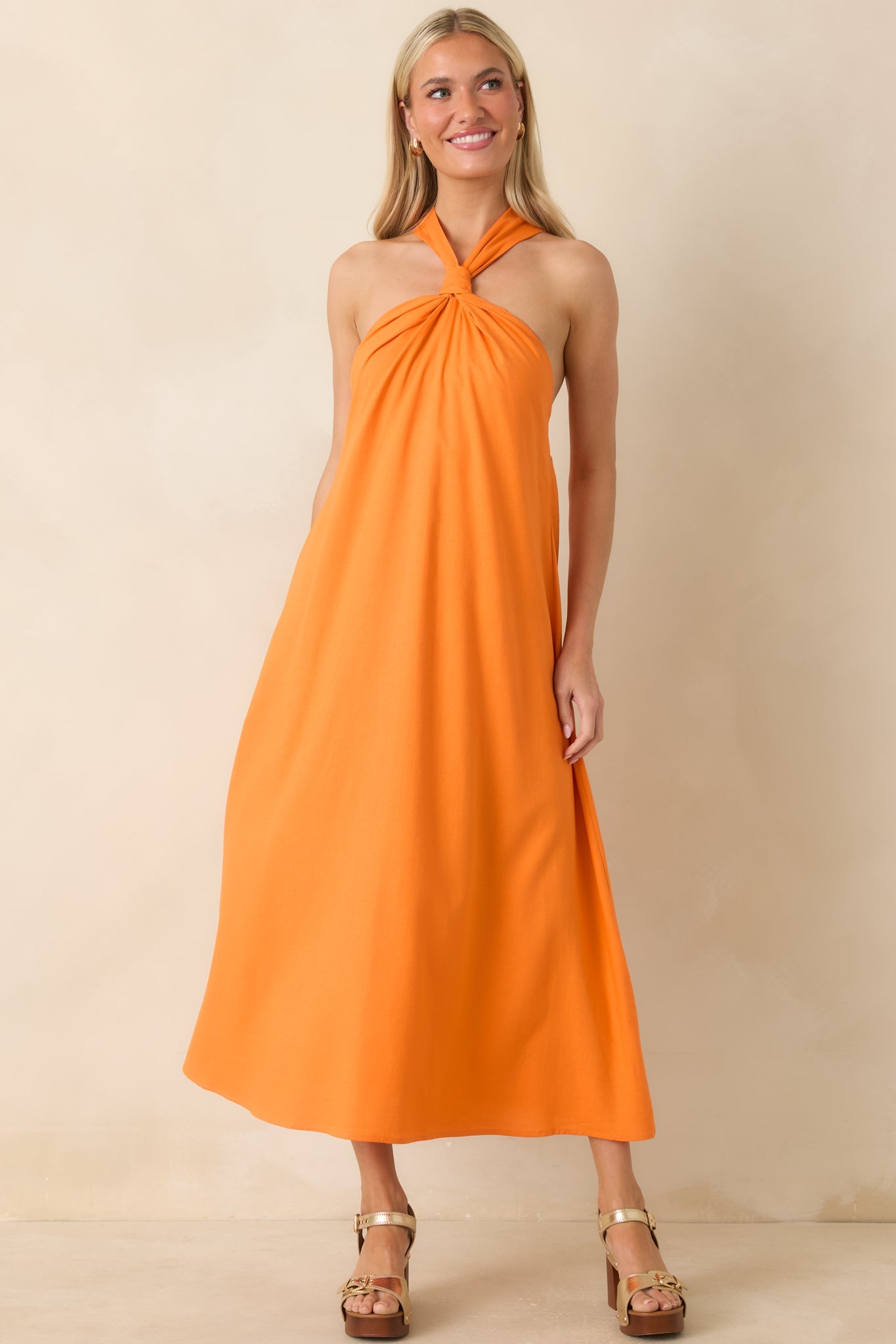 Citrus Kisses Orange Linen Blend Halter Midi Dress