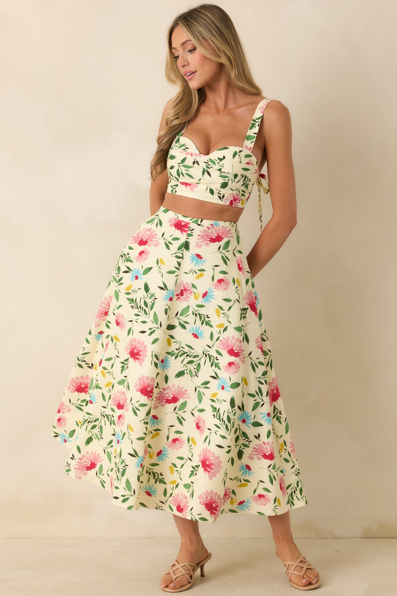 ASTR The Label Myria Yellow Multi Floral Pleated Crop Top