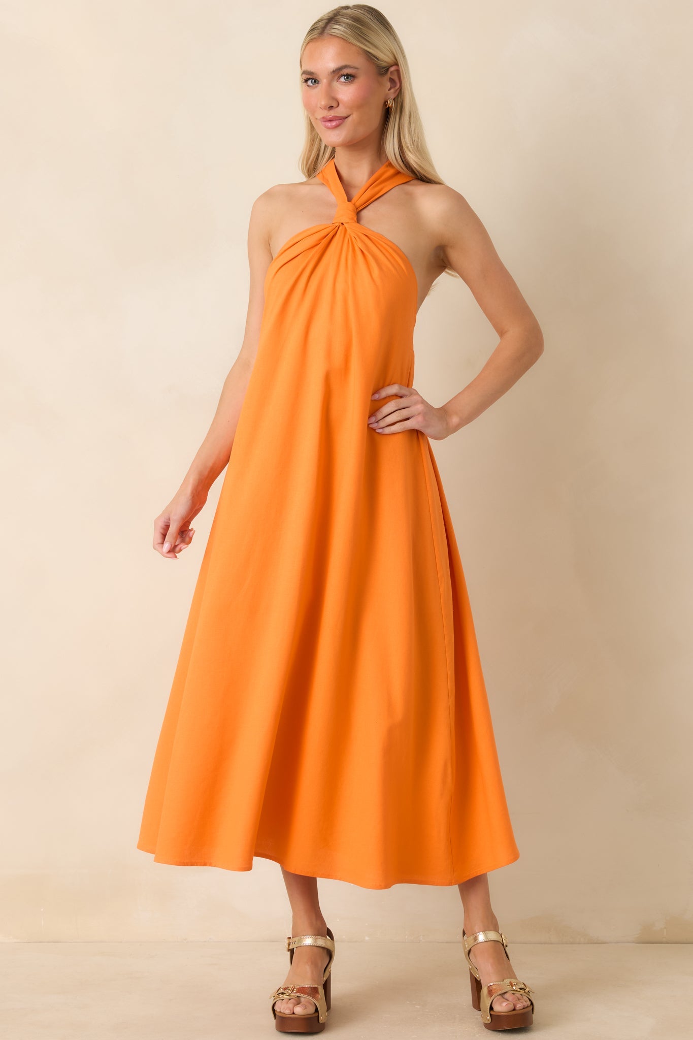 Citrus Kisses Orange Linen Blend Halter Midi Dress