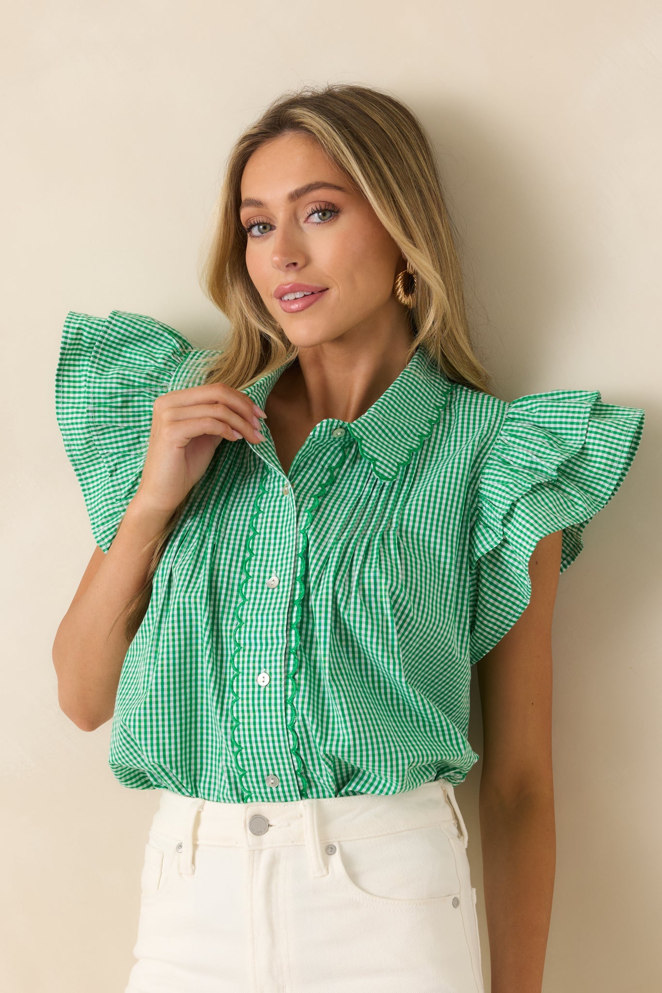 Stroll With My Sweetheart Green Gingham Cotton Flutter Sleeve Blouse