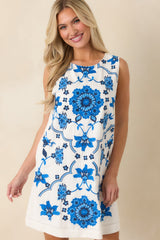 Coastal Mosaic Ivory & Blue Embroidered Mini Dress