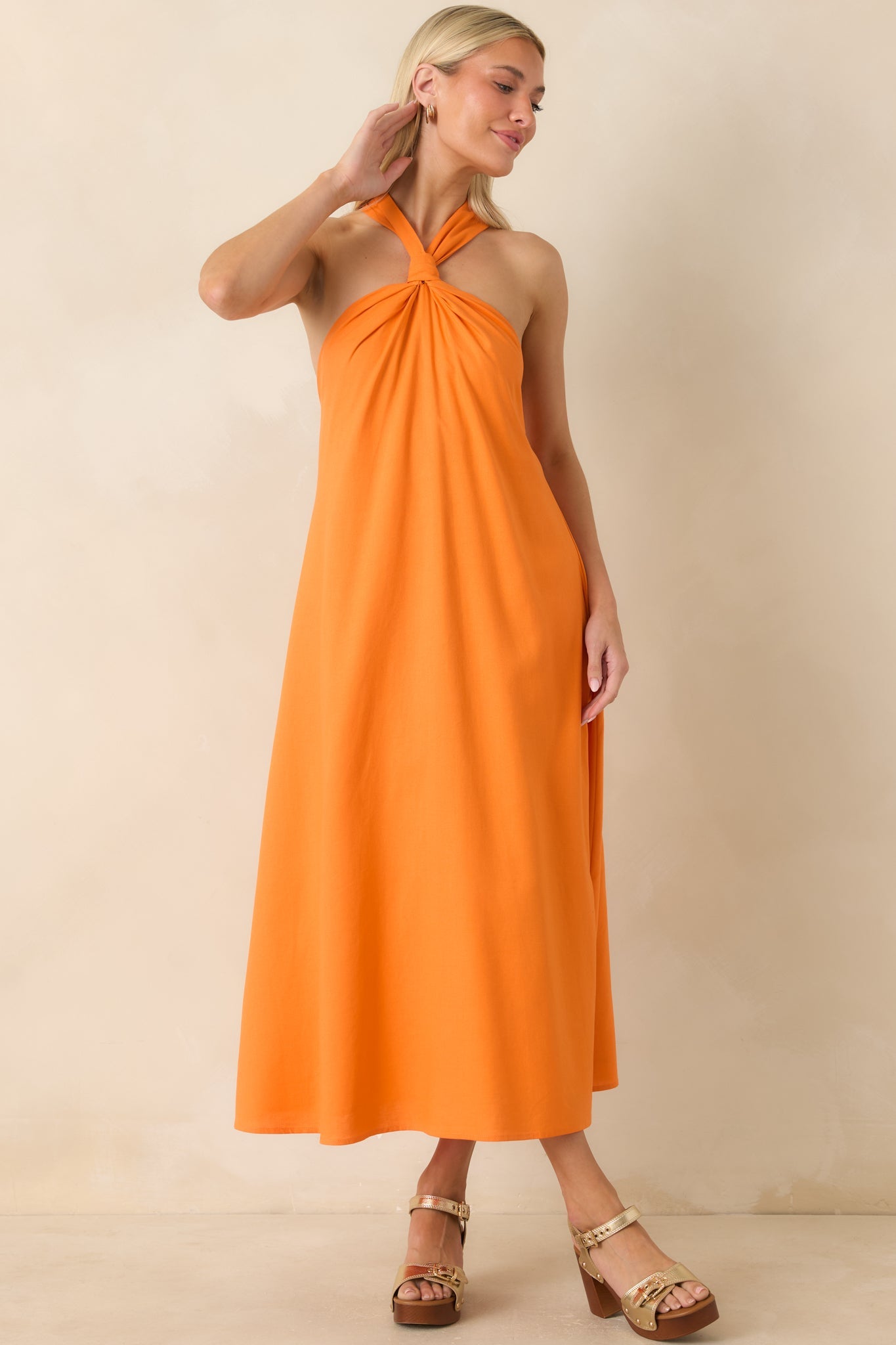 Citrus Kisses Orange Linen Blend Halter Midi Dress