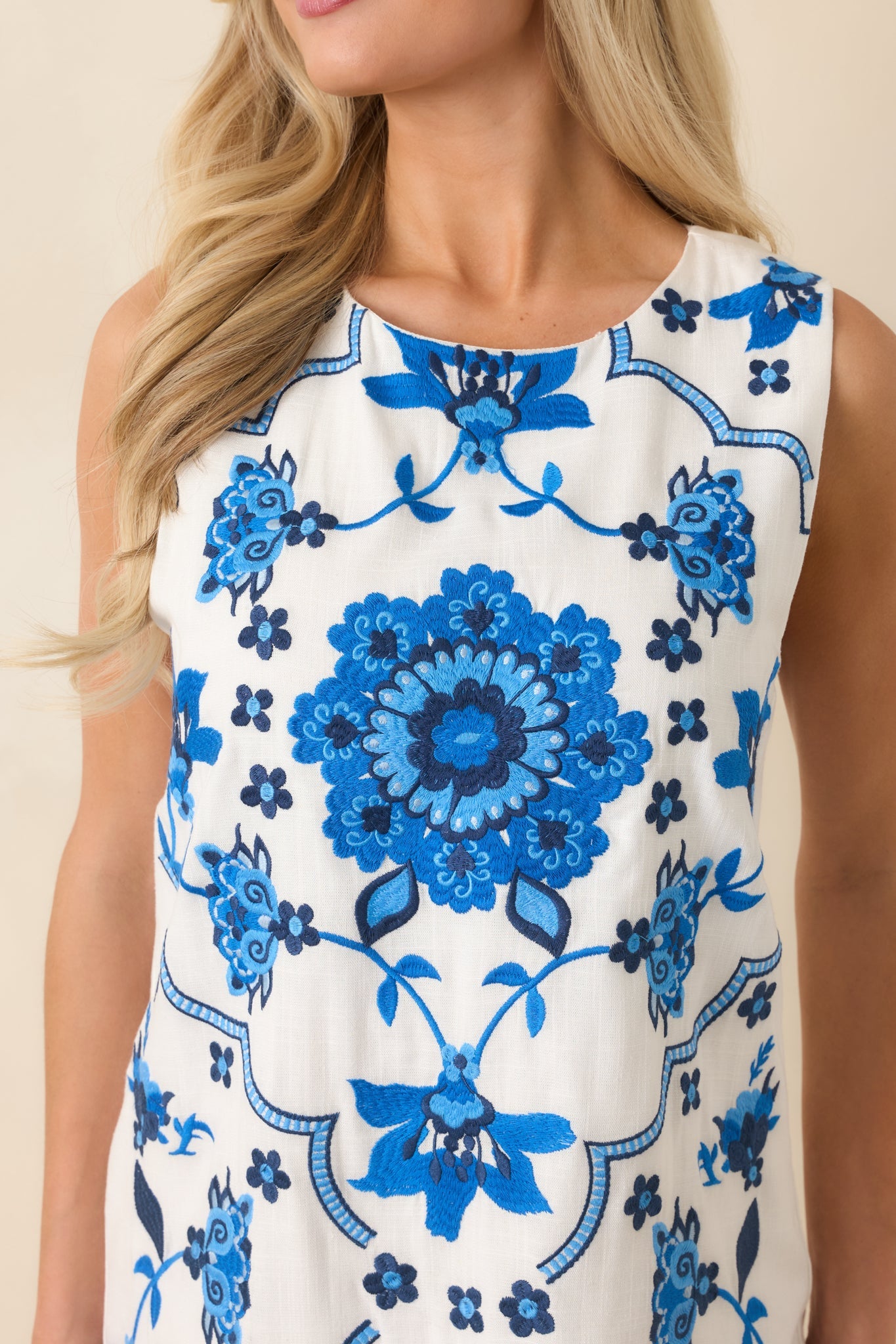 Coastal Mosaic Ivory & Blue Embroidered Mini Dress