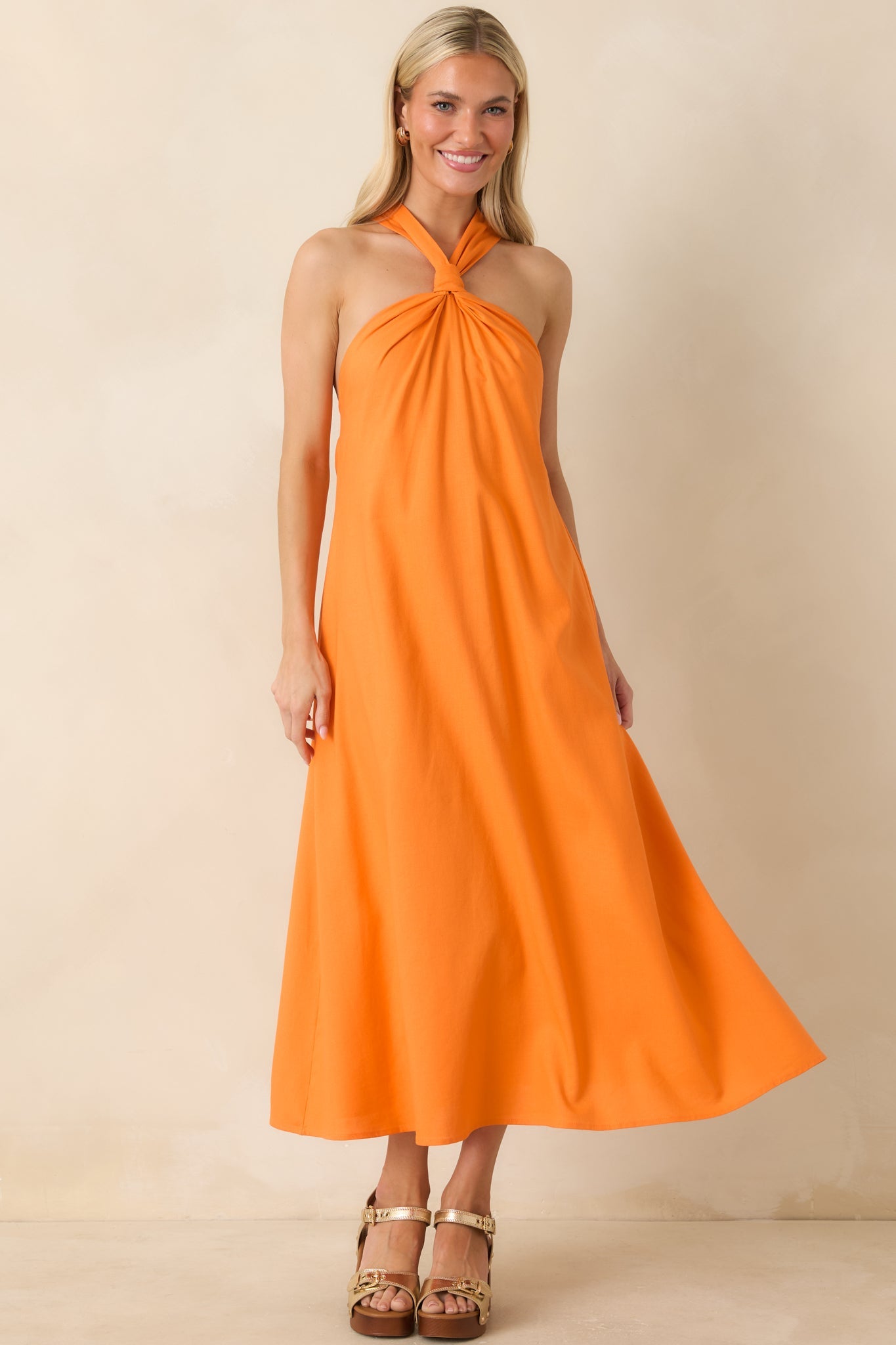 Citrus Kisses Orange Linen Blend Halter Midi Dress