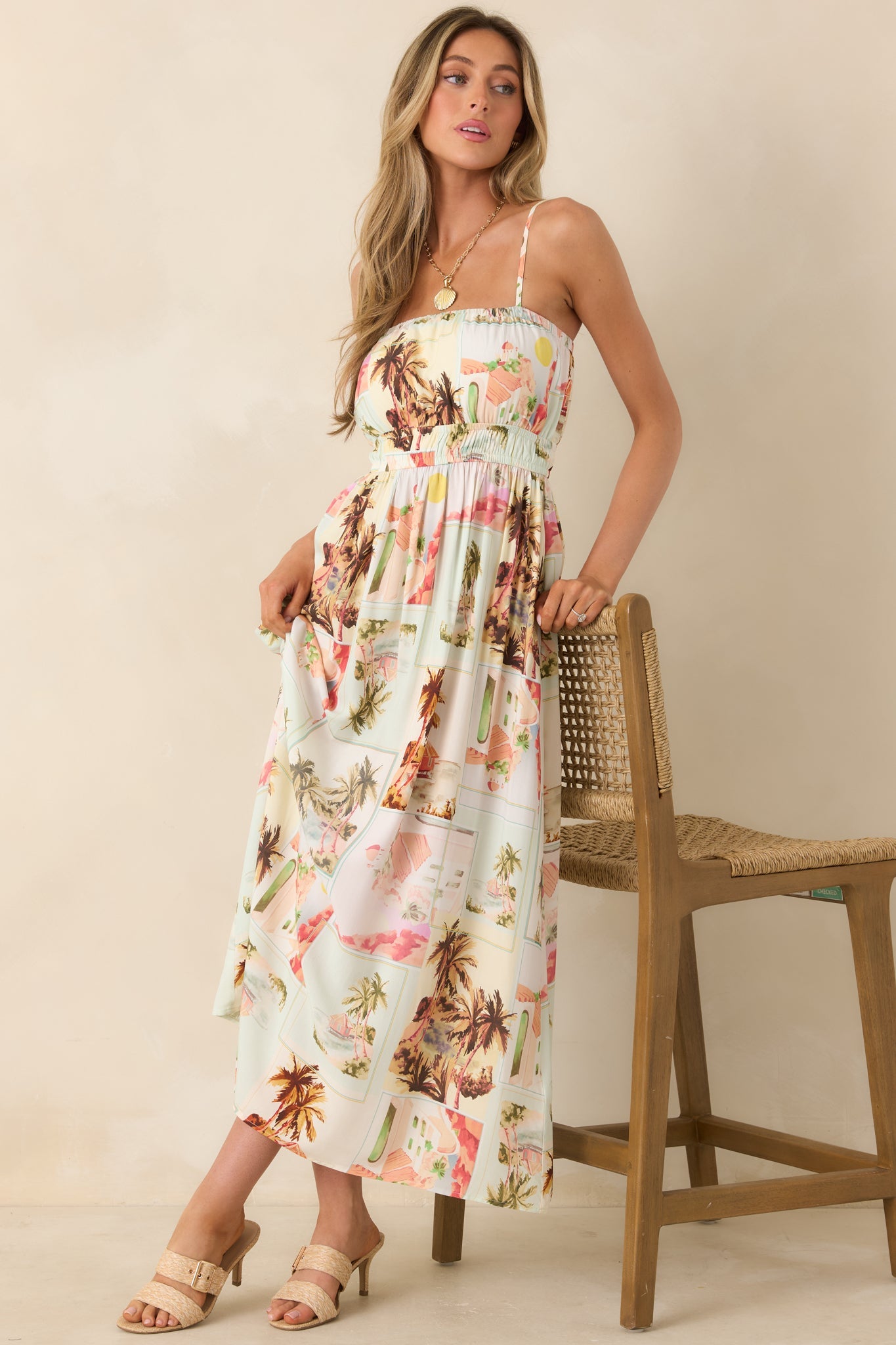 MINKPINK Dolce Multi Vintage Postcard Print Midi Sundress