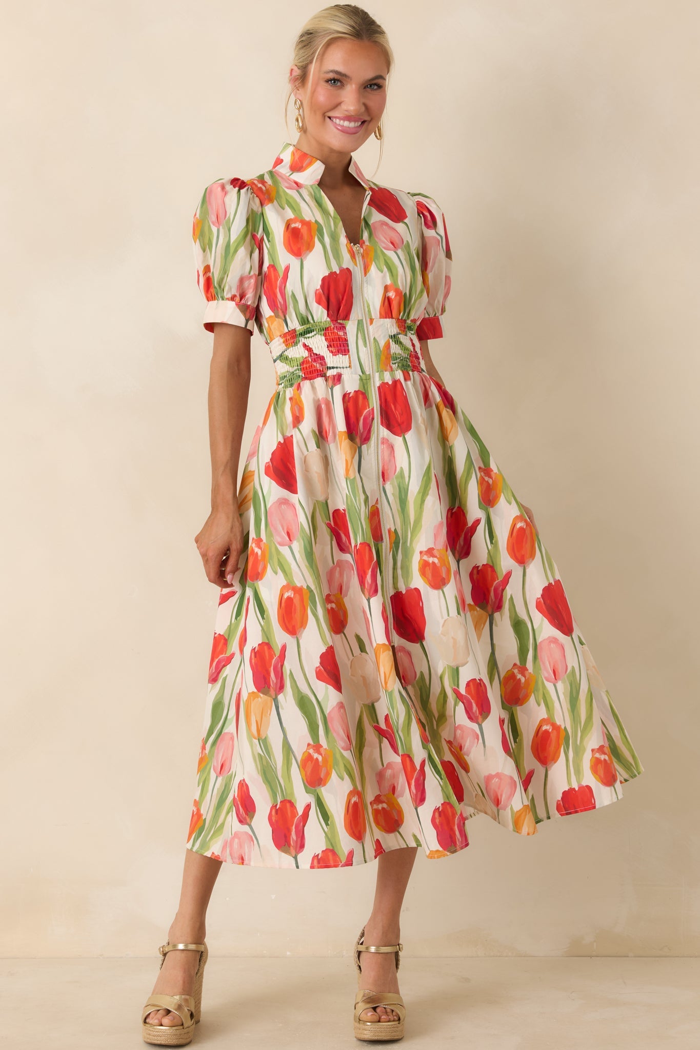 Talking Among the Tulips Ivory & Red Multi Floral Cotton Midi Dress