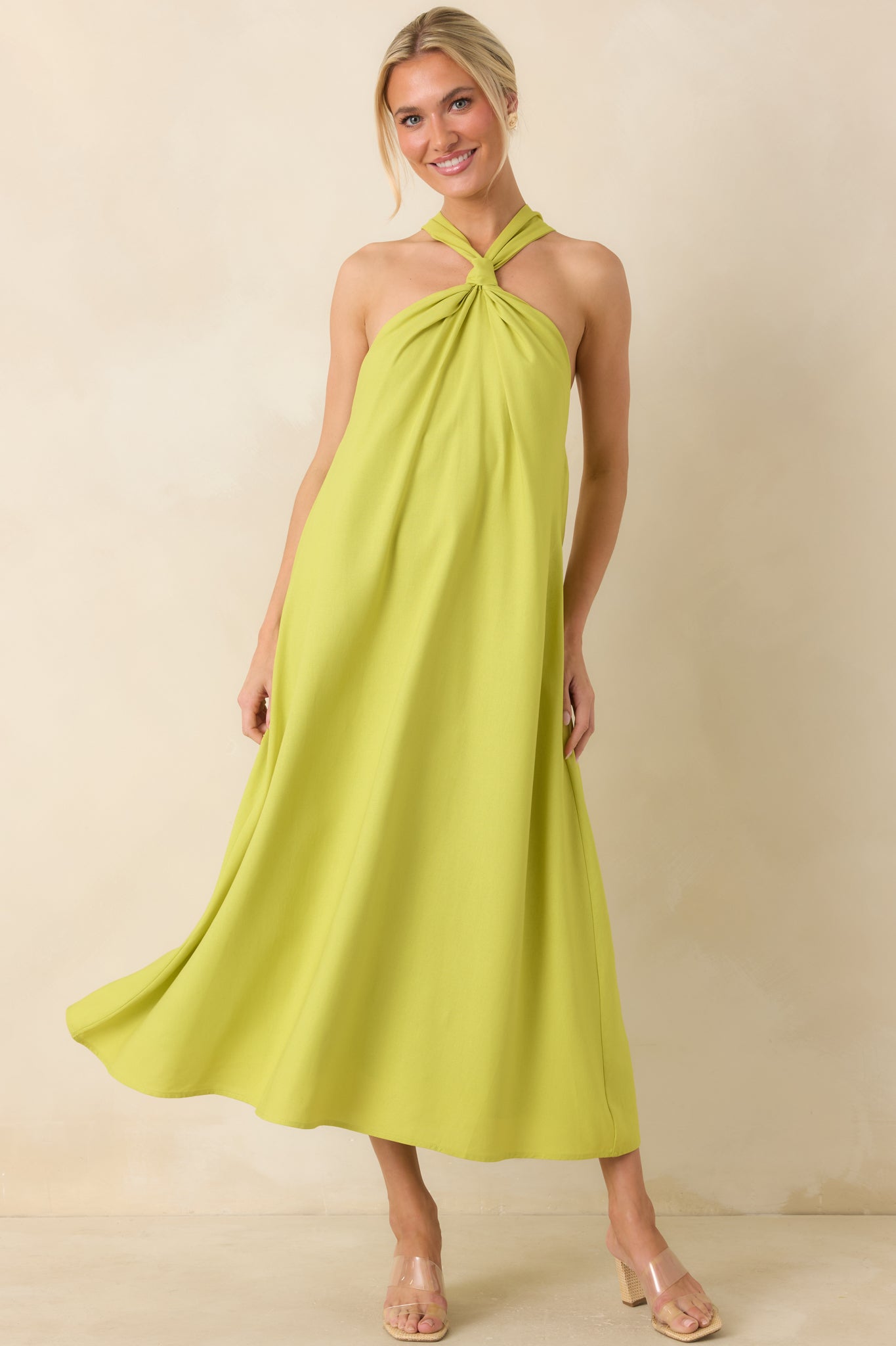 Citrus Kisses Chartreuse Linen Blend Halter Midi Dress