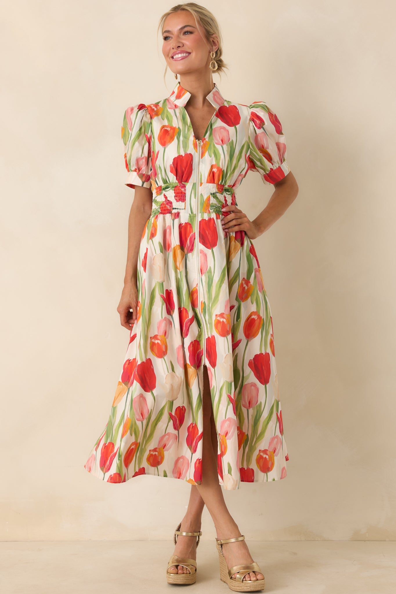 Talking Among the Tulips Ivory & Red Multi Floral Cotton Midi Dress